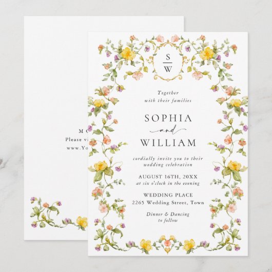 Invitation Meadow Pastel Français Rose Floral Mariage (Devant / Derrière)