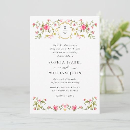 Invitation Meadow Pastel Rose Floral Mariage code QR (Debout devant)