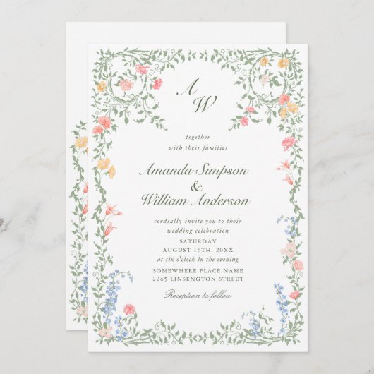 Invitation Meadow Pastel Rose Floral Mariage code QR (Devant / Derrière)