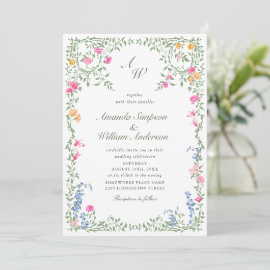 Invitation Meadow Pastel Rose Floral Mariage code QR (Debout devant)
