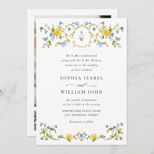 Invitation Meadow Pastel Rose Floral Mariage code QR (Devant / Derrière)