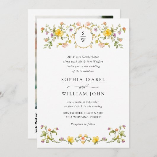 Invitation Meadow Pastel Rose Floral Mariage code QR (Devant / Derrière)