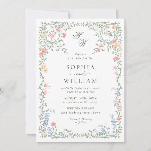 Invitation Meadow Pastel Rose Floral Mariage code QR (Devant)