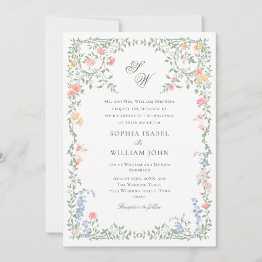 Invitation Meadow Pastel Rose Floral Mariage code QR (Devant)