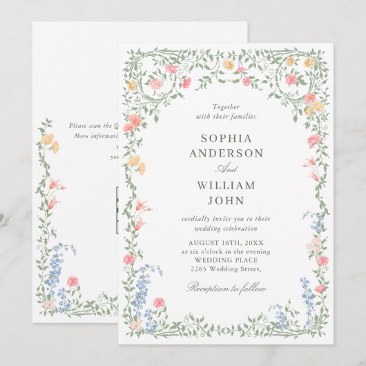 Invitation Meadow Pastel Rose Floral Mariage code QR (Devant / Derrière)