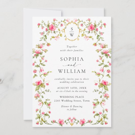 Invitation Meadow Pastel Rose Floral QR code Mariage (Devant)