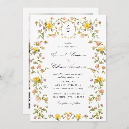 Invitation Meadow Pastel Roses Floral Mariage Code QR Photo (Devant / Derrière)