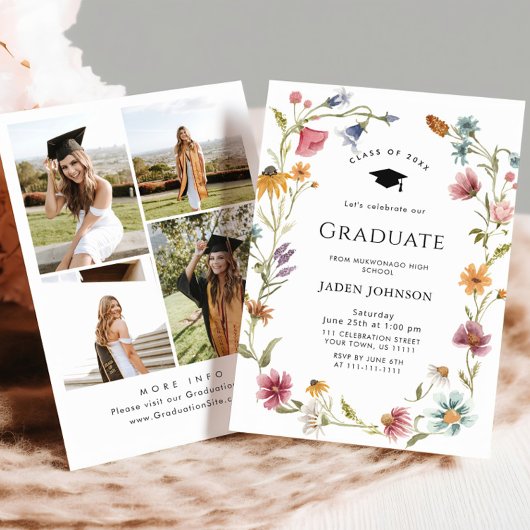 Invitation Meadow Wildflower Boho 4 Photo Graduation Party
