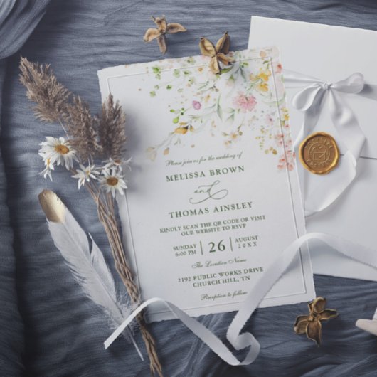 Invitation Meadow Wildflowers Boho Budget QR Code Wedding