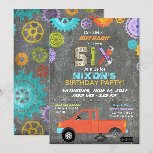 Invitation Mécanicien de voiture Outils tableau de bord Anniv (Devant / Derrière)