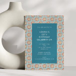 Invitation Médaillon bleu turquoise Frontière Folle Motif Ann<br><div class="desc">Un panneau central turquoise audacieux se distingue par un motif médaillon d'inspiration vintage et dynamique,  rouge,  turquoise et jaune. Le design est lumineux,  ludique et parfait pour des célébrations comme un 30e anniversaire. Cette invitation donne le ton pour une fête amusante et élégante remplie d'énergie et de couleur.</div>