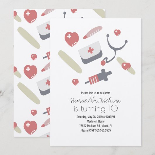 Invitation Médecin Infirmière fête d'anniversaire Motif Médic (Devant / Derrière)