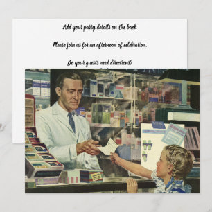 Invitation Médecine vintage, pharmacienne et fille en pharmac