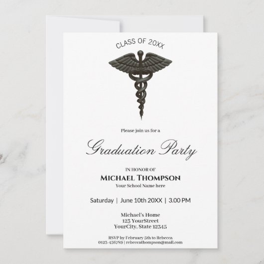 Invitation Médicale Black Caduceus Noble Graduation Invitatio (Devant)