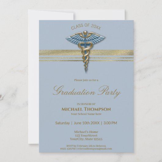 Invitation Médicale Blue Caduceus Gold Stripes Graduation (Devant)