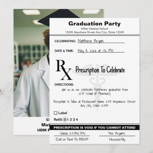 Invitation Médicale Caduceus Rx Prescription Pad Graduation (Devant / Derrière)