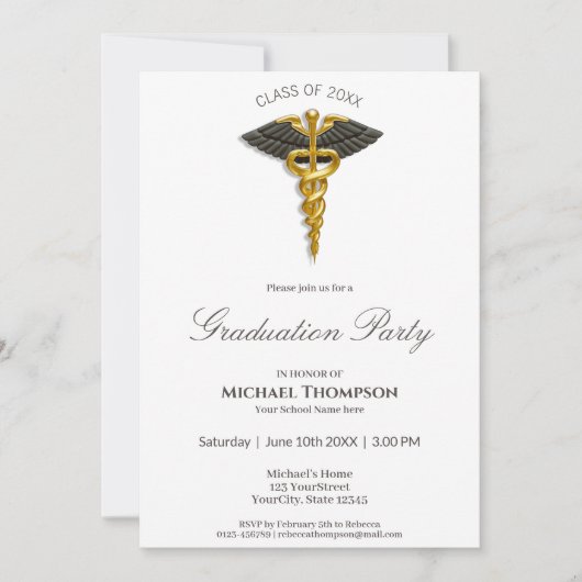 Invitation Médicale Gold Caduceus Black Wings Graduation (Devant)