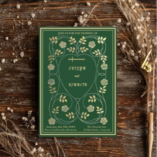 Invitation Médiéval Gold Floral Coeurs et Mariage d'épée