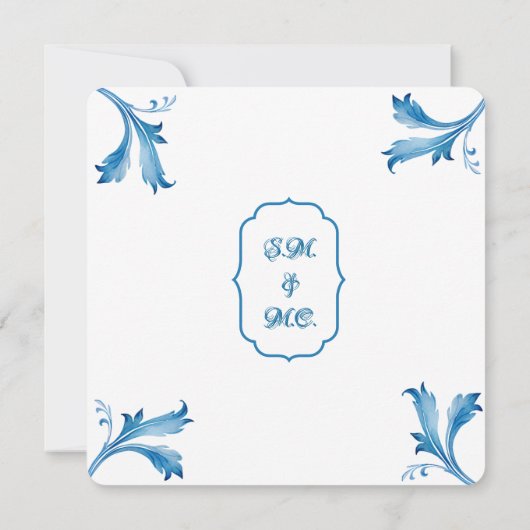 Invitation Mediterranean Blue Floral Tile Monogram (Dos)