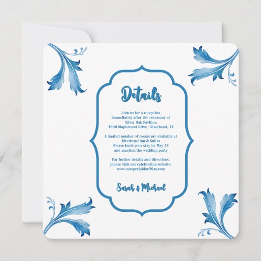 Invitation Mediterranean Blue Floral Tile Monogram (Devant)