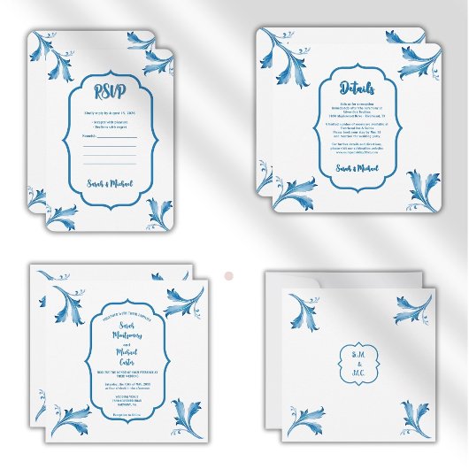 Invitation Mediterranean Blue Floral Tile Monogram