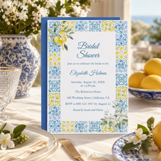 Invitation Mediterranean Blue Tile Lemon Enterrement de Vie d