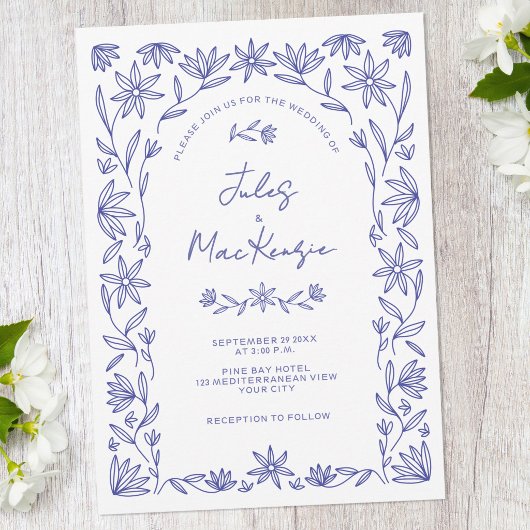 Invitation Mediterranean Blue Wildflower QR Code Wedding