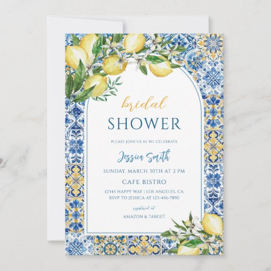Invitation Mediterranean Lemon Carrelage Bleu Mariage (Devant)