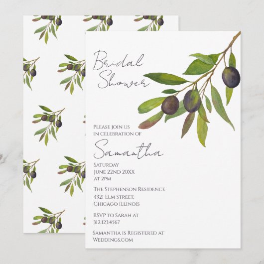Invitation Mediterranean Minimal Olive Branch Bridal Shower   (Devant / Derrière)