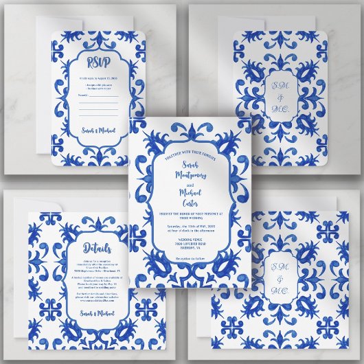 Invitation Mediterranean Portuguese Blue Tile Custom