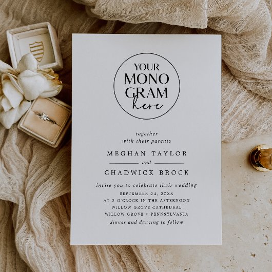 Invitation MEGHAN Elegant Crest Monogramme noir blanc Mariage