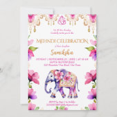 Invitation Mehndi mariage indien éléphant fleurs d'or rose (Devant)