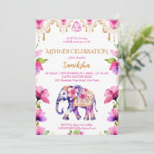 Invitation Mehndi mariage indien éléphant fleurs d'or rose (Debout devant)