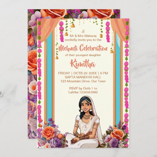Invitation Mehndi mariage indien mariée mignonne en rose (Devant / Derrière)