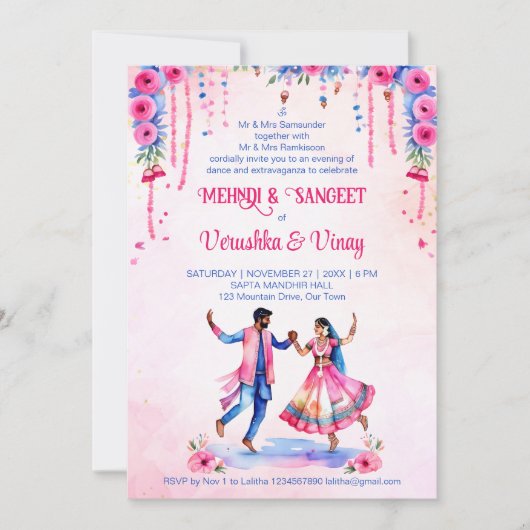 Invitation Mehndi Sangeet mariage indien marié rose (Devant)