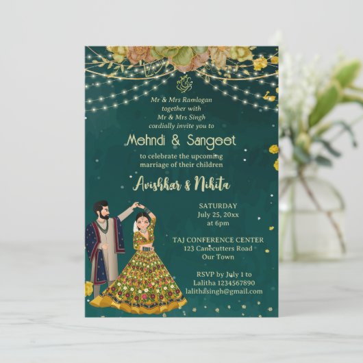 Invitation Mehndi sangeet vert danser couple de mariées indie (Debout devant)