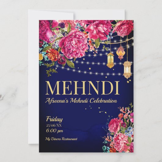 Invitation Mehndi Starry nuit Arabe lanternes floral (Devant)
