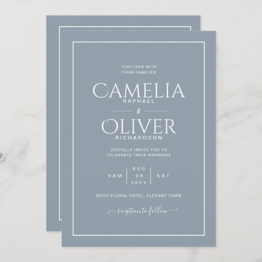 Invitation Meilleur Mariage de MONOCHROME bleu Dusty (Devant / Derrière)
