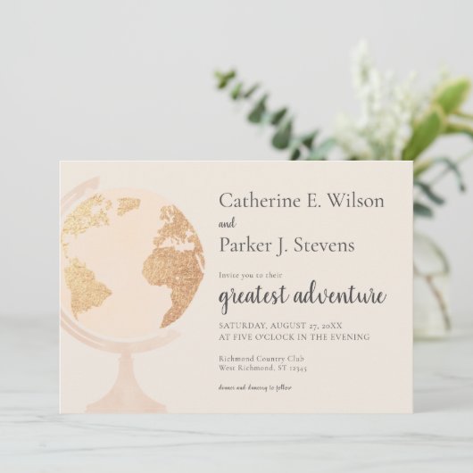 Invitation Meilleure Aventure World Globe Travel Mariage or (Debout devant)