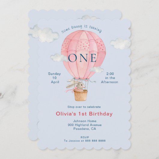 Invitation Mélange lapin d'aquarelle en montgolfière (Devant / Derrière)