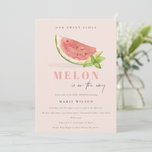 Invitation Mélange Notre Petit Melon Baby shower Aquarelle Bl (Debout devant)
