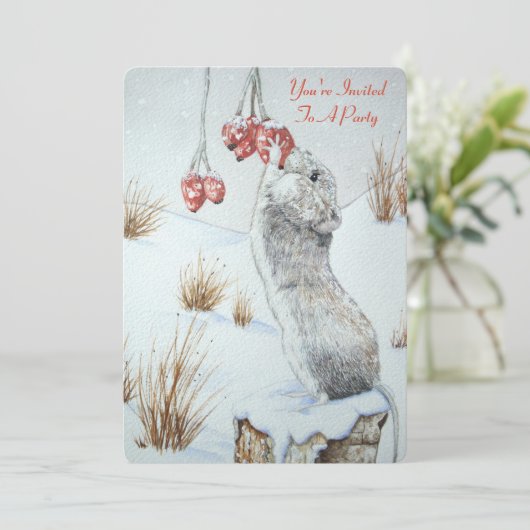 Invitation Mélange souris et baies rouges neige scène Noël (Debout devant)