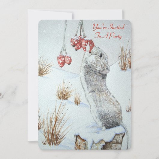 Invitation Mélange souris et baies rouges neige scène Noël (Devant)