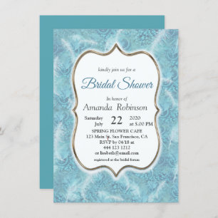 Invitation Mélanger Motif bleu, plumes et cadre or