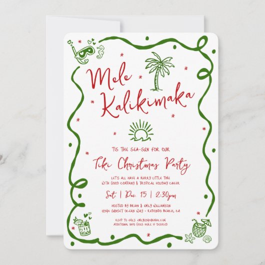 Invitation Mele Kalikimaka Red Green Hand Drawn Fun Christmas (Devant)