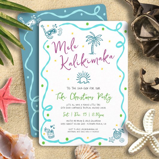 Invitation Mele Kalikimaka Teal Purple Green Doodle Christmas