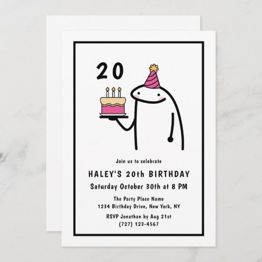 Invitation Mème amusant Simple Noir & Blanc 20e anniversaire (Devant / Derrière)