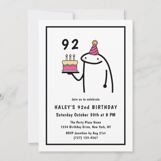 Invitation Mème drôle Simple 92e Anniversaire Noir & Blanc (Devant)