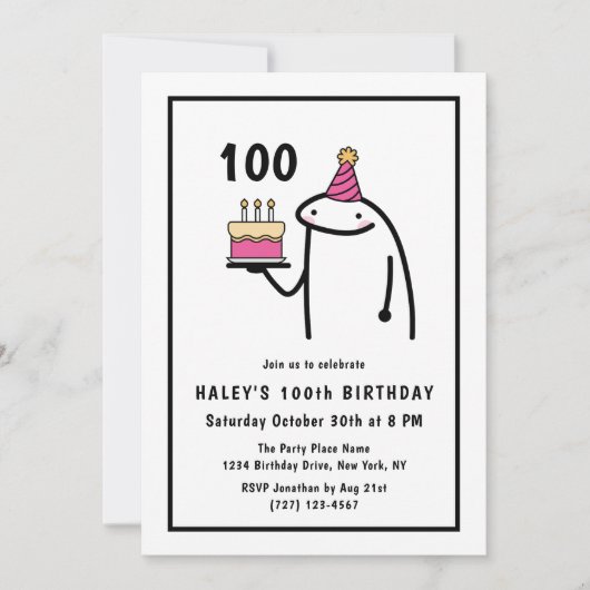 Invitation Mème Drôle Simple Anniversaire 100 ans Noir & Blan (Devant)