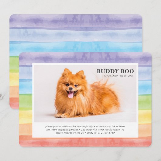 Invitation Mémorial| Aquarelle moderne Rainbow Pet Photo (Devant / Derrière)